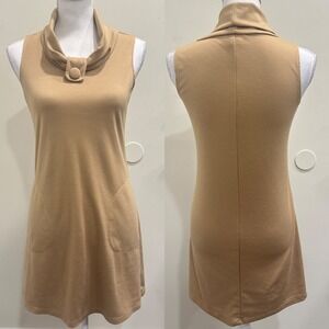 VTG 90s Alyn Paige Sleeveless Cowl Neck Button Mod Retro Mini Shift Dress Tan XS